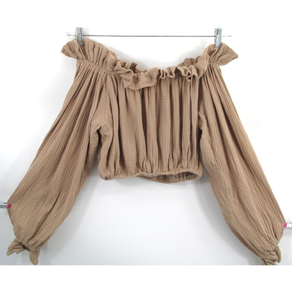 BOHEME Beige Peasant Crop Top Women 2 Ruffled Off Shoulder Cotton Puff Sleeve